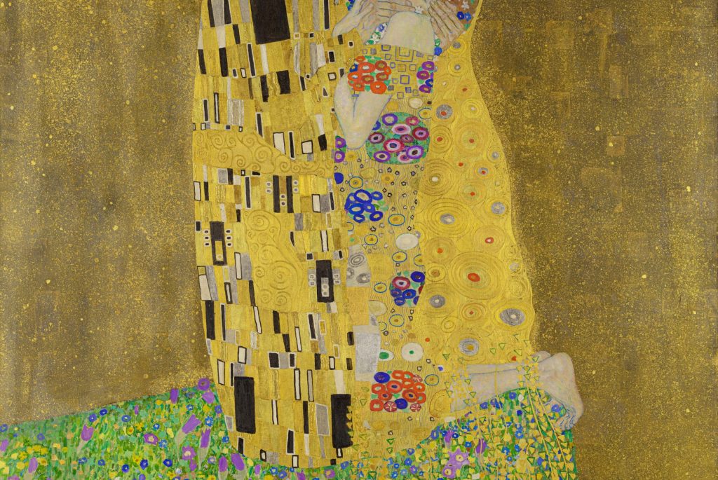 Gustav Klimt  (1862–1918) The Kiss, 1908, oil and gold on canvas. Autrian Gallery Belvedere, Vienna, Austria.